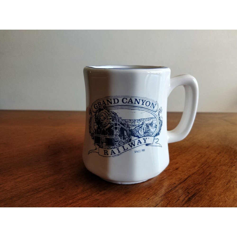 Vtg Grand Canyon Railway Souvenir Ceramic Paneled Mug Coffee Cup White Blue